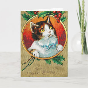 Vintage Cute Cat Wishing you a Merry Christmas Holiday Card
