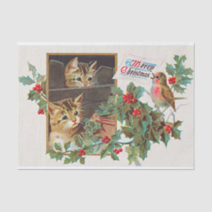 Vintage Cute Cats and Bird Merry Christmas Tissue Paper