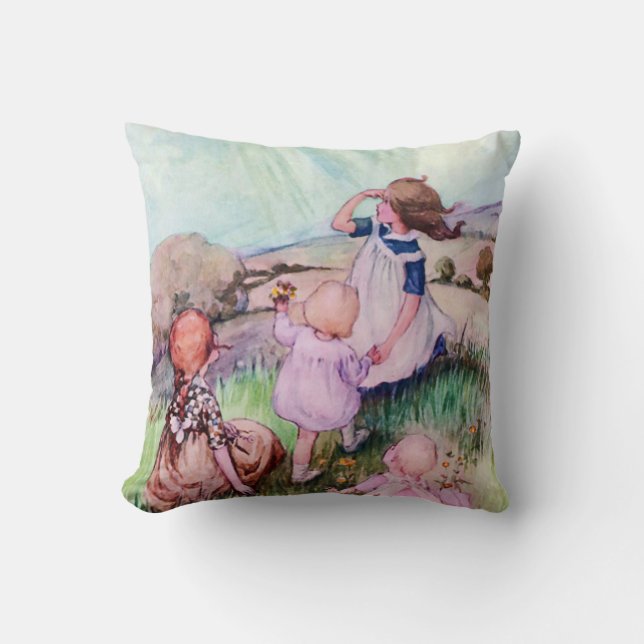 Vintage Cute Children in the Sun Throw Pillow (Front)
