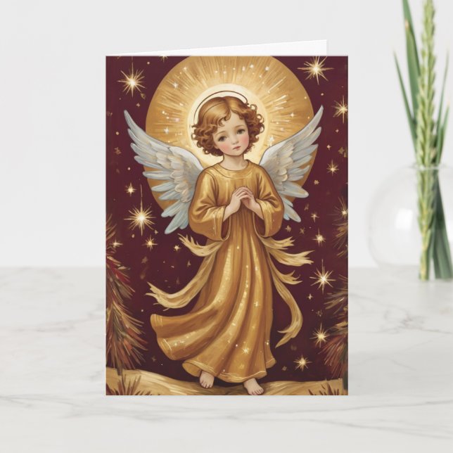 Vintage Cute Christmas Angel Personalized Message Holiday Card (Front)