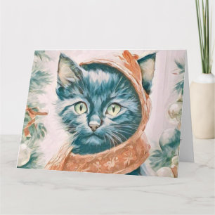 Vintage Cute Christmas Cat and Dog Watercolor Card