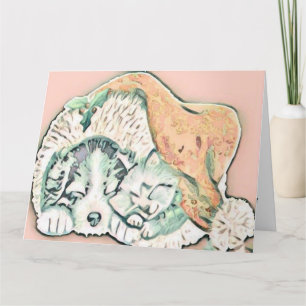 Vintage Cute Christmas Cat and Dog Watercolor Card