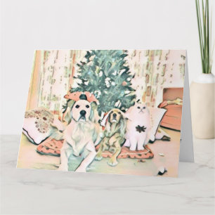Vintage Cute Christmas Cat and Dog Watercolor Card