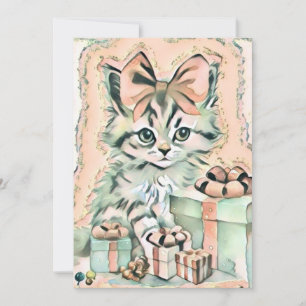 Vintage Cute Christmas Cat Watercolor Holiday Card