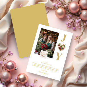 Vintage Cute Christmas Heart Floral Wreath Holiday Card