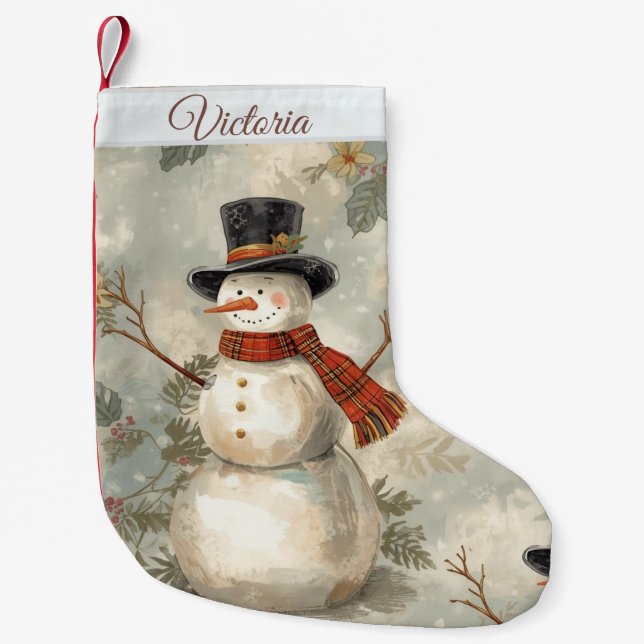 Vintage Cute Christmas Snowman  Small Christmas Stocking (Front)