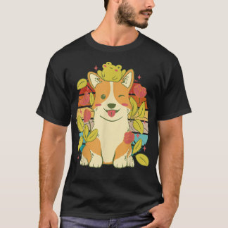 Vintage cute corgi dog with a cute frog and flower T-Shirt