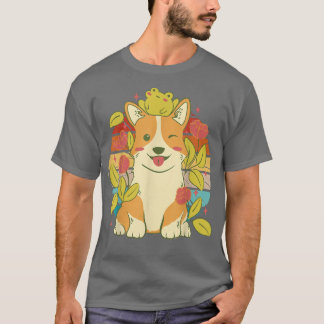 Vintage cute corgi dog with a cute frog and flower T-Shirt