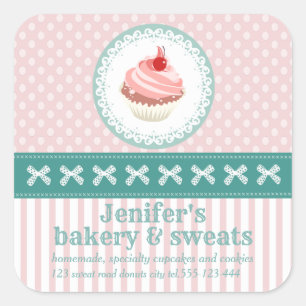 Vintage cute cupcakes bakery polka dots stripes square sticker