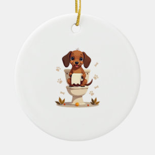 Vintage Cute Dachshund on Toilet Cartoon Bathroom  Ceramic Ornament