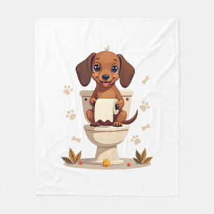 Vintage Cute Dachshund on Toilet Cartoon Bathroom Fleece Blanket