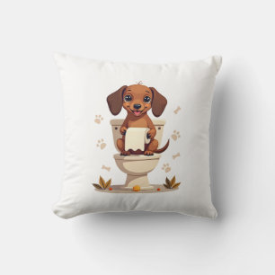 Vintage Cute Dachshund on Toilet Cartoon Bathroom Throw Pillow