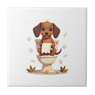 Vintage Cute Dachshund on Toilet Cartoon Bathroom Tile