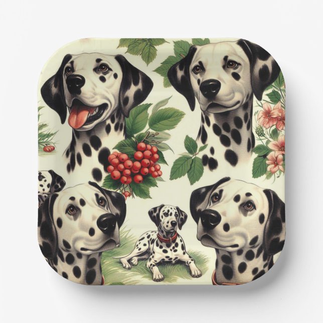 Vintage Cute Dalmatian Illustration Paper Plate (Front)