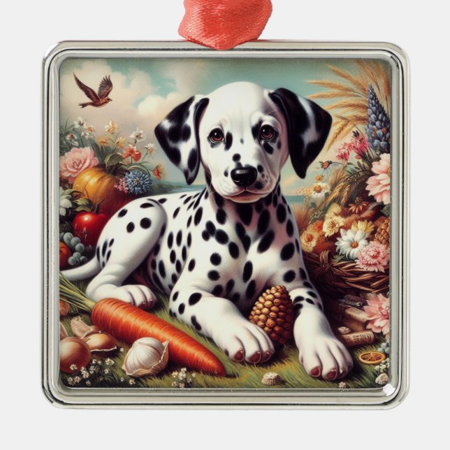 Vintage Cute Dalmatian Painting Metal Ornament (Front)
