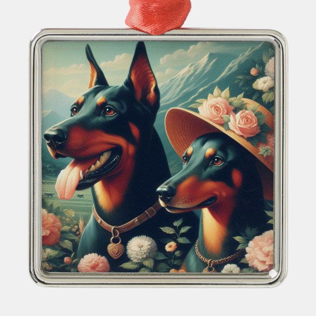 Vintage Cute Doberman Painting Metal Ornament (Front)