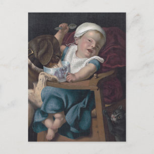 Vintage Cute Dog Stealing Food From a Baby Postcard