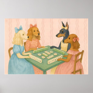 Vintage Cute Dogs Playing Mahjong Poster
