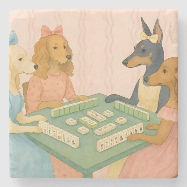 Vintage Cute Dogs Playing Mahjong Stone Coaster (Front)