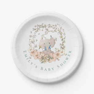 Vintage Cute Elephant Florals Boy Baby Shower Paper Plate