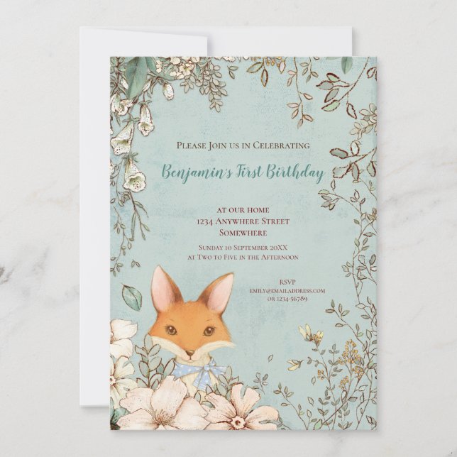 Vintage Cute Fox Botanical 1st Birthday Boy Invitation (Front)
