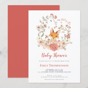 Vintage Cute Fox Foliage Coral Baby Shower Invitation