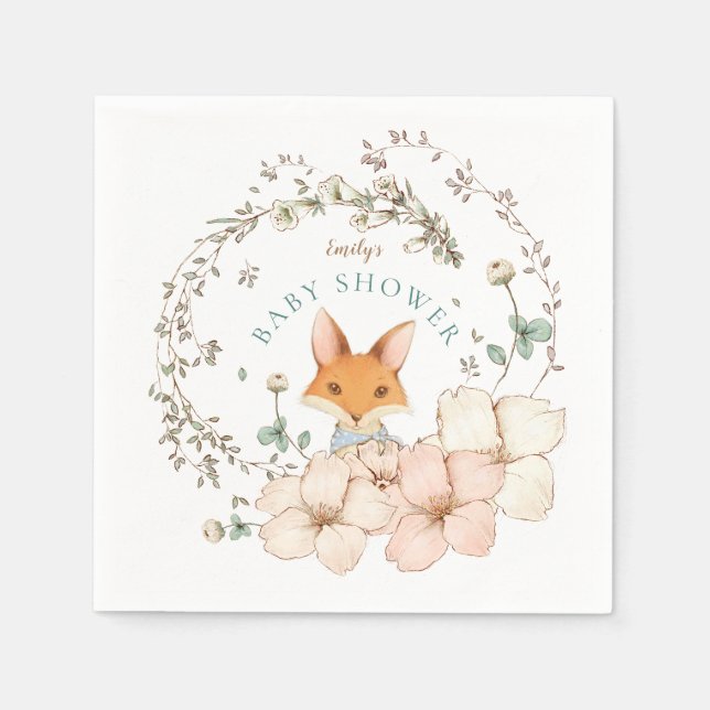 Vintage Cute Fox Leaves Boy Baby Shower Napkin (Front)