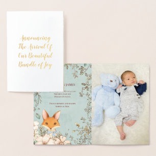 Vintage Cute Fox Photo Script Birth Announcement