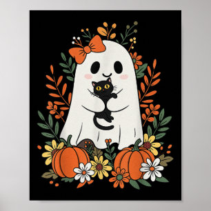 Vintage Cute Ghost With Black Cat And Pumpkins Hal Poster