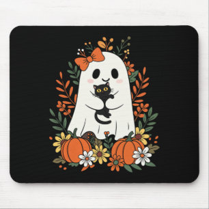 Vintage Cute Ghost With Black Cat And Pumpkins Mouse Pad