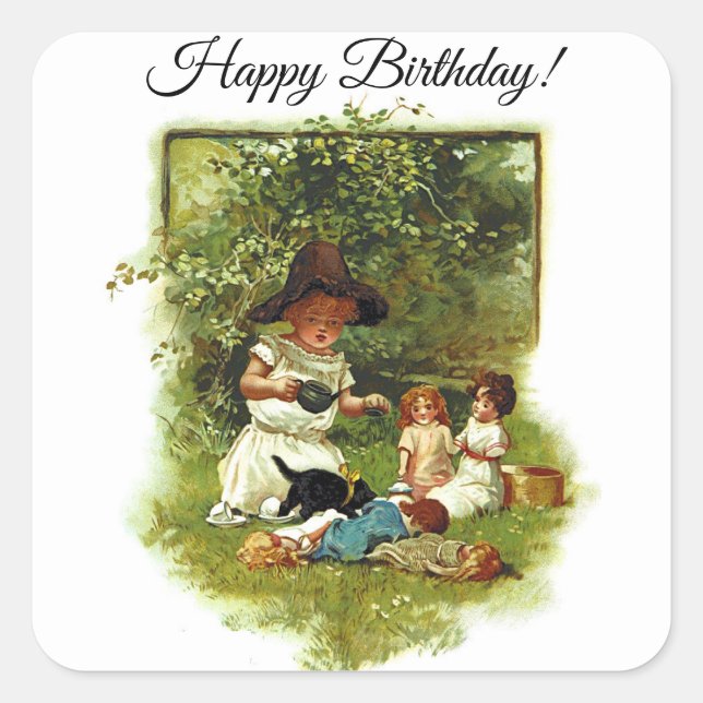 Vintage Cute Girl At The Garden Happy Birthday Square Sticker (Front)