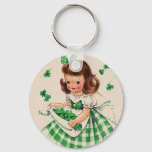 Vintage Cute Girl Shamrock St Patrick's Day Card Keychain