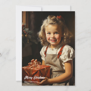 Vintage cute girl with Christmas present  Holiday Card