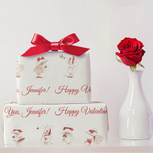 Vintage Cute Girls Red Hearts Name Valentine's Day Wrapping Paper