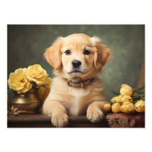 Vintage Cute Golden Retriever Puppy Dog Portrait Photo Print