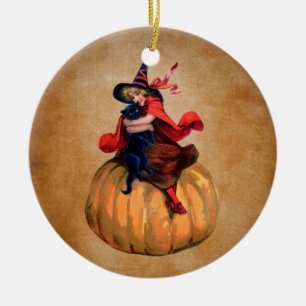 vintage cute halloween witch and cat ceramic ornament