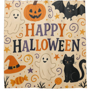 Vintage, cute happy halloween bat, ghost, pumpkin
