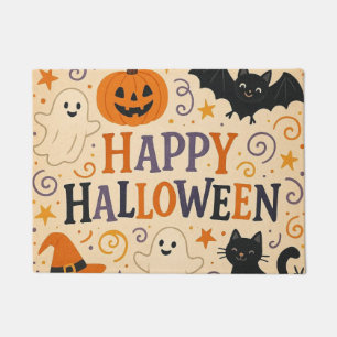 Vintage, cute happy halloween bat, ghost, pumpkin doormat