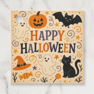 Vintage, cute happy halloween bat, ghost, pumpkin favour tags