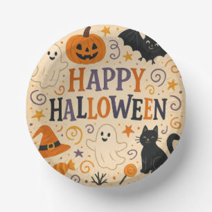 Vintage, cute happy halloween bat, ghost, pumpkin paper plate