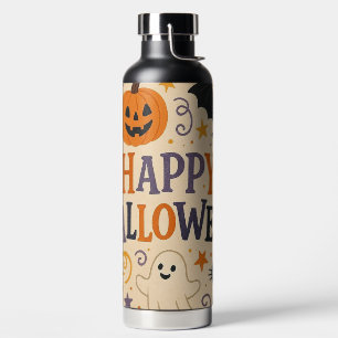 Vintage, cute happy halloween bat, ghost, pumpkin water bottle