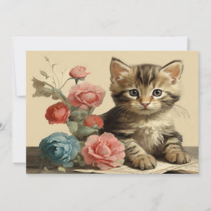 Vintage Cute Kitten Portrait Soft Colour Flowers Holiday Card