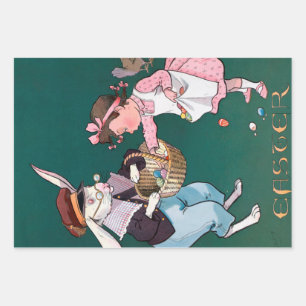 Vintage Cute Little Girl Bunny Rabbit Easter Egg Wrapping Paper Sheet