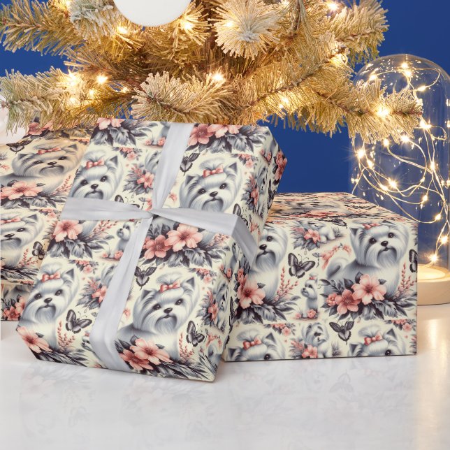 Vintage Cute Maltese Illustration Wrapping Paper (Holidays)