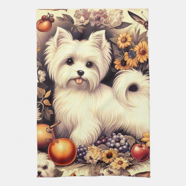 Vintage Cute Maltese Kitchen Towel (Vertical)