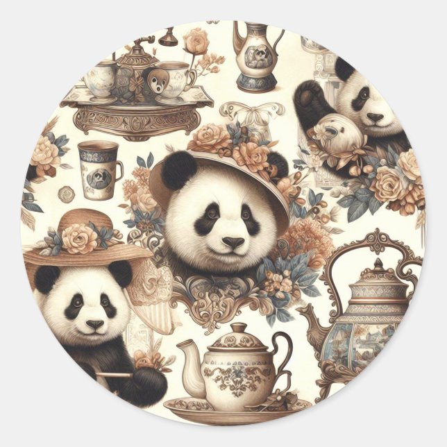 Vintage Cute Panda Seamless Painting Classic Round Sticker (Front)
