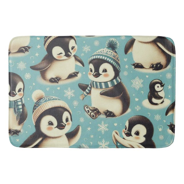 Vintage Cute Penguin Pattern Bath Mat (Front)