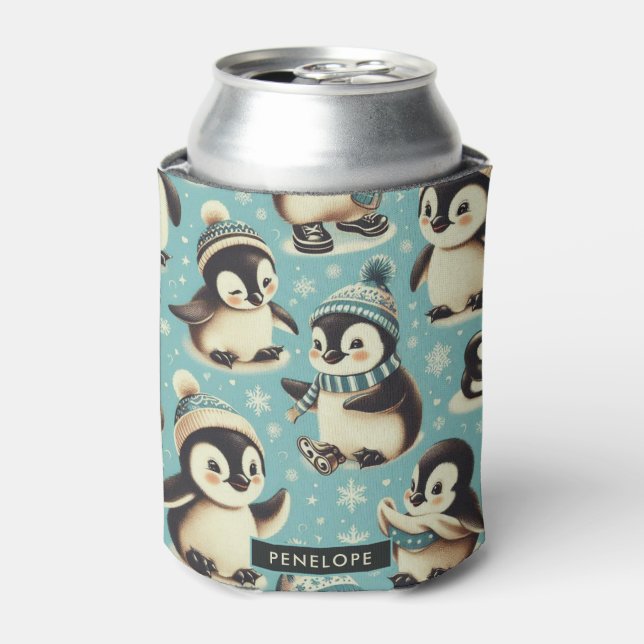 Vintage Cute Penguin Pattern Can Cooler (Can Front)