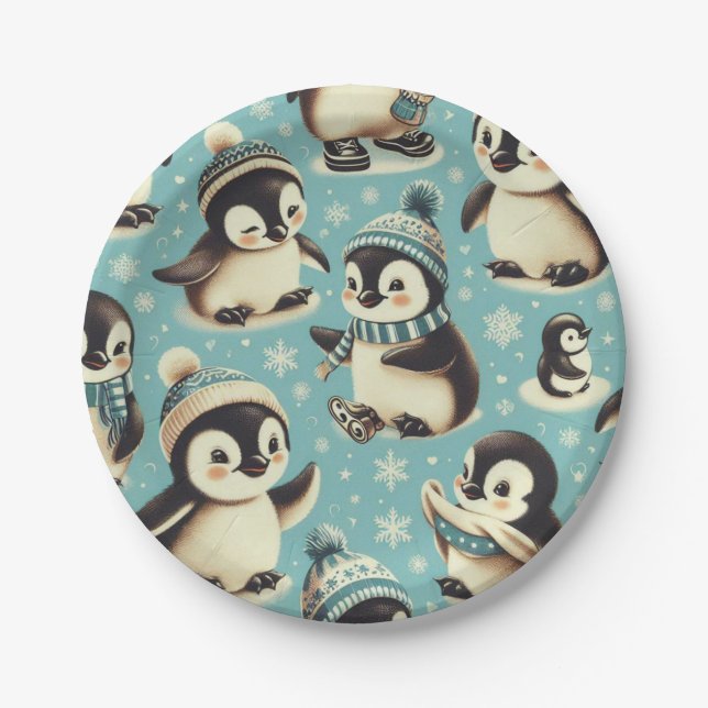 Vintage Cute Penguin Pattern Paper Plate (Front)