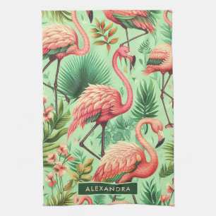 Vintage Cute Pink Flamingos Kitchen Towel